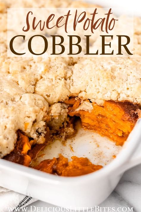 This old-fashioned Sweet Potato Cobbler recipe includes a homemade drop biscuit topping. The flavors of maple syrup, cinnamon, and nutmeg permeate this delicious sweet potato dessert. Serve this cobbler with a scoop of ice cream or whipped cream to complete the sweet experience. | #sweetpotatocobbler #cobbler #sweetpotatoes #dessert #thanksgiving Sweet Potato Cobbler Recipe, Sweet Potato Cobbler Old Fashioned, Sweet Potato Cobbler, Sweet Potato Dessert Recipes, Homemade Drop Biscuits, Cinnamon Raisin Bread Recipe, Sweet Potato Dessert, Yummy Sweet Potatoes, Cinnamon Raisin Bread