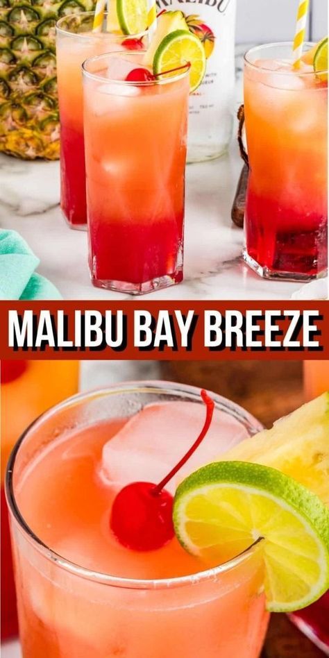 With only 3 ingredients and a fresh fruity flavor, this Malibu Bay Breeze will be your new favorite cocktail recipe. Summer is quickly approaching, and I love a good drink on a hot day. Especially if it is a fruity drink. This Malibu Bay Breeze is just that; it consists of coconut rum, cranberry juice, and pineapple juice. That trifecta really makes the perfect flavor combination, top it off with cherries, limes, and pineapple and you have yourself a gorgeous drink. Save this now! Bay Breeze Cocktail, Malibu Bay Breeze, Malibu Rum Drinks, Drinks With Cranberry Juice, Coconut Rum Drinks, Rum Drinks Recipes, Fruity Alcohol Drinks, Malibu Drinks, Easy Alcoholic Drinks