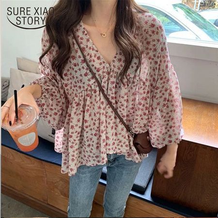 Loose Dress Pattern, Ladies Chiffon Shirts, Women Floral Blouse, Flower Blouse, Oversize Casual, Loose Shirts, Chiffon Shirt, Floral Chiffon, Lantern Sleeves