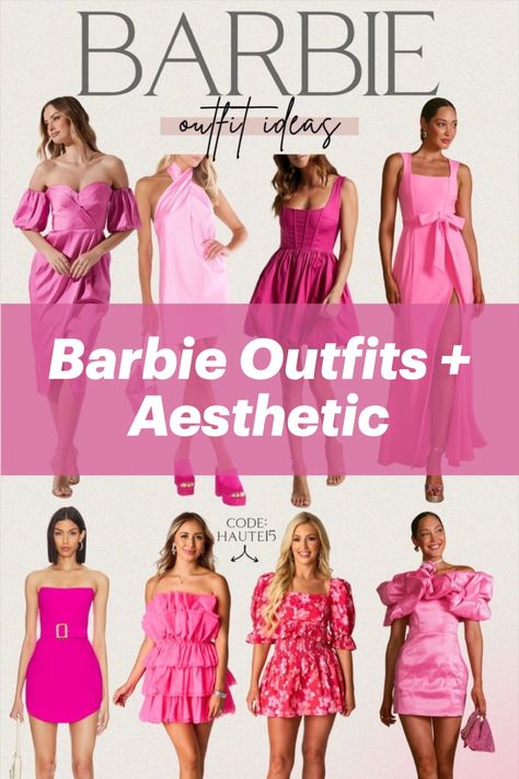 style board of pink barbie outfits and dresses Womens Barbie Dress, Classy Barbie Outfits, Barbie Doll Inspired Outfit, Barbie Pink Dress Outfits, Barbie Dress Ideas, Barbie Inspired Outfits Pink, Barbie Dress Outfit, Barbie Inspired Dress, Auction Outfits