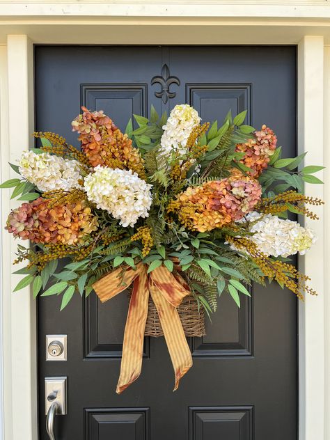 Fall Hydrangea Cones and Foliage Basket Wreath - TwoInspireYou Fall Boxwood Wreath, Fall Front Door Basket, White Fall Wreath, Fall Door Basket, Fall Door Wreaths, Door Baskets, Twig Basket, Fall Entry, Front Door Baskets