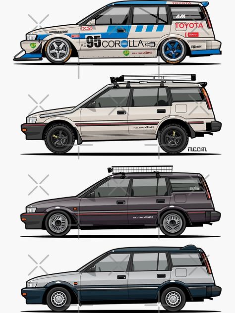 "Stack of Toyota AE95 Corolla 4WD Wagons" Sticker by monkeycom | Redbubble Corolla Twincam, Corolla Wagon, Auto Wrap, Vw Wagon, Cars Illustration, Car Liveries, Paper Model Car, Station Wagon Cars, Corolla Verso