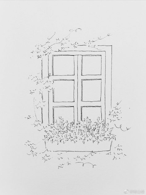 Garden Sketch Drawing Easy, Simple Window Drawing, Cottage Line Drawing, Window Drawing Sketch, Cottage Drawing Simple, Simple Architecture Drawing, Window Doodle, Garden Drawing Simple, Window Drawings