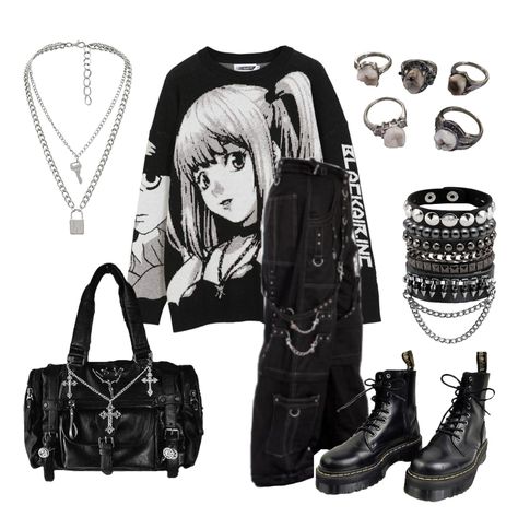 Punk Cargo Pants Outfit, Baggy Cargo Pants Aesthetic, Misa Sweater Outfit, Deathnote Clothes, Chain Pants Outfit, Misa Inspired Outfit, Misa Costume, Misa Sweater, Black Inspired Outfits