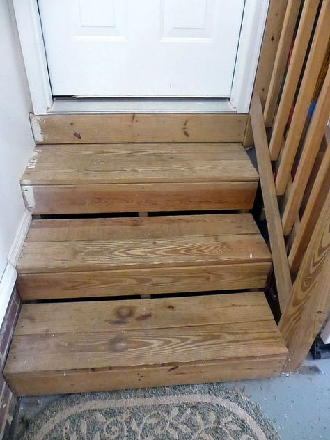 Garage Steps, Faux Wood Garage Door, Garage Stairs, Garage Entryway, Front Porch Steps, Stairs Makeover, Wood Garage Doors, Garage Door Makeover, Staircase Makeover