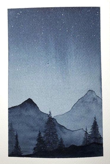 Watercolor Art Night, Star Watercolor Painting, Night Watercolor Paintings, Night Time Watercolor, Night Sky Watercolor Paintings Easy, Watercolour Mountains Easy, Watercolour Painting Night Sky, Watercolour Night Sky, Watercolor Art Moon Night Skies