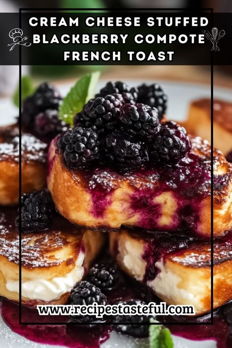 Indulge in this decadent Cream Cheese Stuffed Blackberry Compote French Toast, featuring thick slices of brioche or challah stuffed with whipped cream cheese and served with a luscious homemade blackberry compote. Perfect for a special breakfast or brunch, this dish is sure to impress family and friends. Blackberry Recipes Easy, Blackberry Cream Cheese, Blackberry Compote, Stuffed French Toast Cream Cheese, Special Breakfast, Blackberry Recipes, Stuffed French Toast, Easter Breakfast, Vanilla Whipped Cream