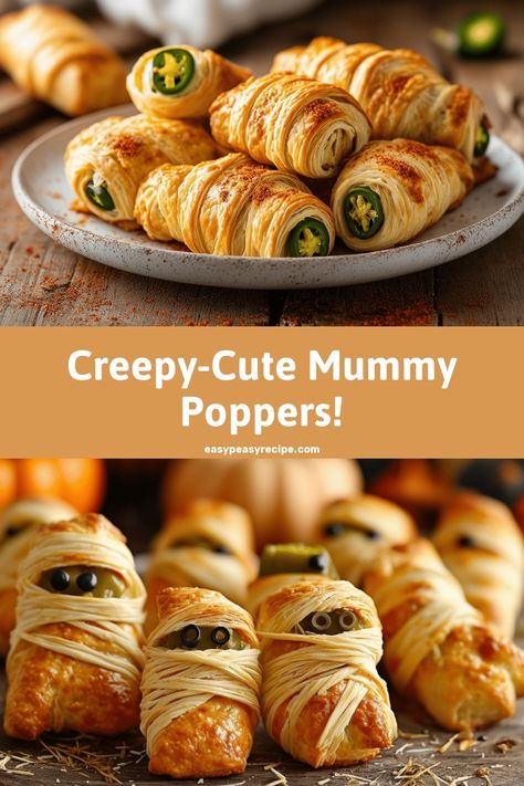 A plate of jalapeño poppers wrapped in crescent rolls to resemble cute mummies. Halloween Jalapeno Poppers, Quick Sweets, Energy Bites Healthy, Welcome To My Kitchen, Unique Appetizers, Halloween Party Appetizers, Jalapeno Popper Recipes, Easy Zucchini Recipes, Spicy Appetizers