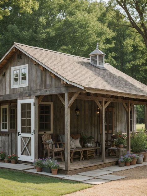 Farmhouse-style backyard ideas with a charming barn-style shed, vintage outdoor lighting, and a rustic wooden dining set, adding a touch of country charm to your backyard. #BackyardIdeas #BackyardDesign Vintage Outdoor Lighting, Barn Style Shed, Spacious Backyard, Outdoor Kitchen Design Ideas, Country Vibes, Wooden Dining Set, Creative Storage Solutions, Green With Envy, Creative Storage