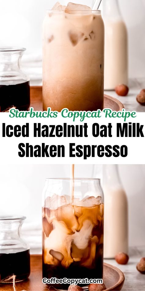 Step into a world of flavor with this brand new winter Starbucks drink the Iced Hazelnut Oat Milk Shaken Espresso at home! Indulge in the rich, deep flavor of freshly brewed espresso, perfectly blended with the creamy sweetness of oat milk and a tantalizing hint of hazelnut. It's a perfect balance of bold and smooth, with just the right touch of sweetness. Perfect for cozy mornings or an afternoon pick-me-up. #winterstarbucksdrink Starbucks Hazelnut Shaken Espresso, Iced Hazelnut Oatmilk Shaken Espresso, Hazelnut Shaken Espresso Starbucks, Hazelnut Oatmilk Shaken Espresso, Oat Milk Shaken Espresso Starbucks, Shaken Espresso At Home, Shaken Espresso Starbucks, Oat Milk Shaken Espresso, Winter Starbucks