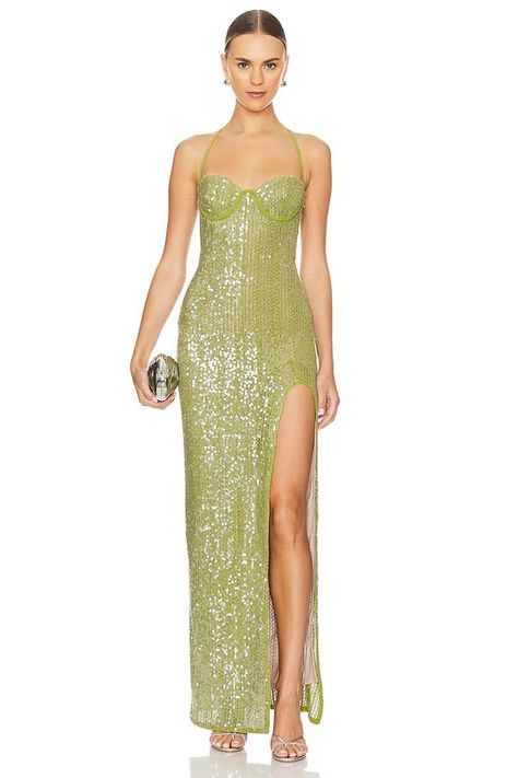 Revolve Green Dress, Chartreuse Evening Gown, Clean Girl Prom Dress, Palm Springs Wedding Guest Attire, Island Wedding Guest Dress, Green Dress Accessories, Revolve Dress, Fashion Entrepreneur, Gala Gowns