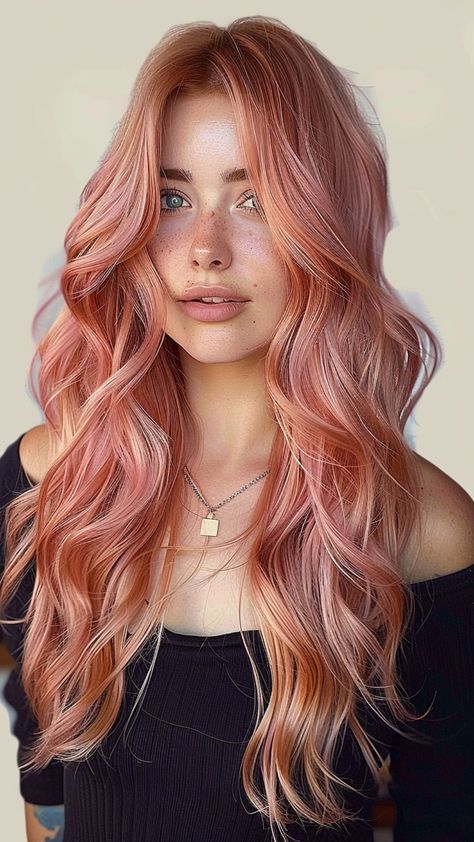 30 Blonde Hair Color Ideas to Brighten Your Style and Your Day in 2024 Golden Rose Hair Color, Rose Gold Long Hair, Natural Rose Gold Hair, Strawberry And Cream Hair, Rose Gold Peach Hair, Rose Gold Strawberry Blonde Hair, Red And Rose Gold Hair, Strawberry Blonde With Shadow Root, Rose Gold Red Hair