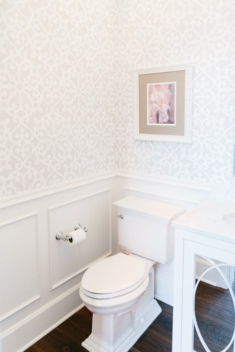 Powder room bathroom with beautiful wallpaper and wainscoting, designed by Interior Impressions. Blog post on how to spruce up your powder room!  #powderroomgoals #interiordesign #powderroomideas #wallpaper #wainscoting Small Bathroom Wainscoting Ideas, Bathroom Wainscoting Ideas, Half Bath Design, Bathroom Wainscoting, Small Bathroom Wallpaper, Powder Room Wallpaper, French Country Bathroom, Bad Inspiration, Powder Room Design