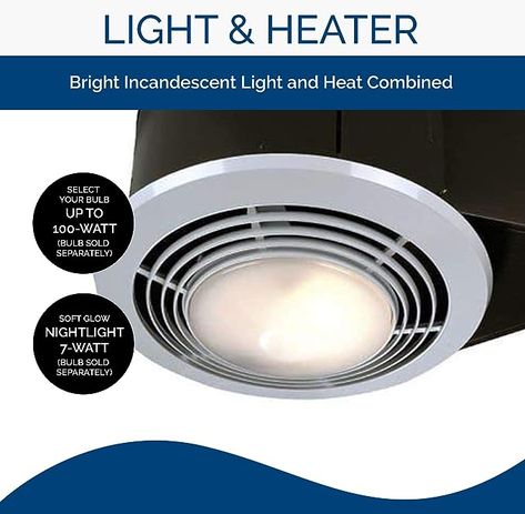 Broan-NuTone 9093WH Exhaust Fan, Heater, and Light Combo, Bathroom Ceiling Heater, 1500-Watts, 70 CFM, White - - Amazon.com Bathroom Exhaust Fan Light, Ceiling Heater, Bathroom Heat Lamp, Exhaust Fan With Light, Combo Bathroom, Bathroom Fan Light, Bathroom Fans, Ceiling Exhaust Fan, Bathroom Heater