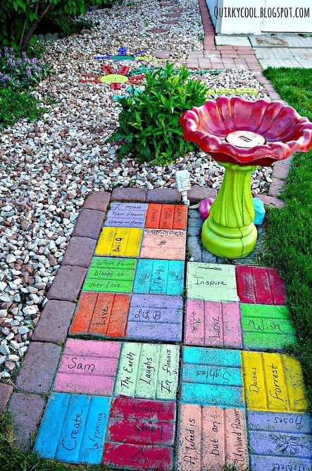 recycled bricks from an old fireplace turned into colorful yard art, landscape, outdoor living, repurposing upcycling Garden Rocks, Brick Projects, Recycled Brick, Brick Walkway, Upcycle Garden, Old Fireplace, Recycled Garden, School Garden, Old Bricks