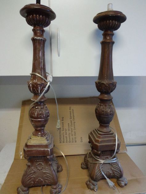 Years ago I stumbled upon a very tall set of French altar style candlestick holders, loved them, and really wanted them but they were $250.00.  There was no way… Candlestick Makeover, Diy Candle Sticks, Garden Diy Ideas, Lamp Makeover, Tall Candle Holders, Furniture Flip, Wood Candle Sticks, Old Lamps, Tall Candle