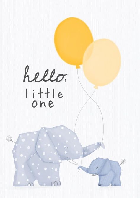 Cute Elephant New Baby Card - Illustrated by Sian Moore - Hello, Little One Newborn Card Ideas, Newborn Prints, Newborn Greeting Card, Newborn Footprints, Welcome Baby Cards, Elephant Balloon, Baby Cards Handmade, Newborn Announcement, Paper Backgrounds