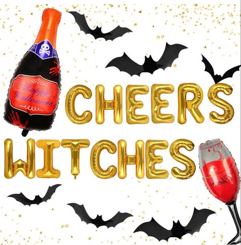 Drinking Party Themes, Halloween Witch Theme, Witch Party Decorations, Halloween Birthday Decorations, Witches Party, Halloween Bachelorette Party, Cheers Witches, Bachelorette Party Decoration, Gold Letter Balloons