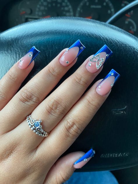 Blue Prom Nails, Blue Chrome Nails, Blue And Silver Nails, Quinceanera Nails, Blue Coffin Nails, Royal Blue Nails, Blue Acrylic Nails, Smink Inspiration, Colored Acrylic Nails