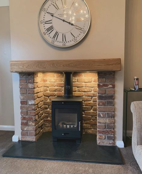 1930s Brick Fireplace, Lounge With Brick Fireplace, Living Room With Log Burner And Tv, Log Burner Mantelpiece, Living Room Designs Brick Fireplace, Faux Log Burner, Brickslip Fireplace, Original Fireplace Ideas, Log Burner Brick Fireplace