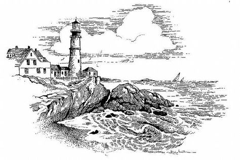 EBSQ AOTD 08/08/2013 - Portland Headlight (Maine) by Patricia Lee Christensen Lighthouse Drawing, Rocky Cliff, Ink Pen Art, Portland Head Light, Maine Lighthouses, 5x7 Frame, Lighthouse Art, Nautical Wall Art, Nautical Wall