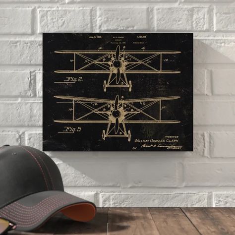 'Vintage Airplane Patent' - Wrapped Canvas Graphic Art Print Boy Desk, Aviation Room, Airplane Artwork, Aviation Nursery, Industrial Artwork, Moody Home Decor, Black Nursery, Masculine Decor, Home Artwork