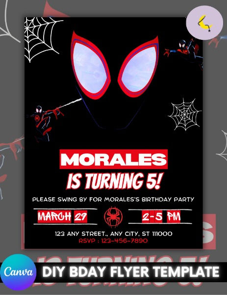 Celebrate your little hero's special day with our editable Spider-Man birthday invitation! Perfect for fans of Miles Morales, this customizable invitation will swing your party into action with its vibrant design and easy-to-edit features. Get ready to sling some serious fun with this must-have invite! #spiderman #milesmorales Miles Morales Birthday Party, Miles Morales Party, Miles Morales Birthday, Spiderman Birthday Invitations, Spider Man Birthday, Miles Morales Spiderman, Party Flyer Template, Invitation Background, Birthday Flyer