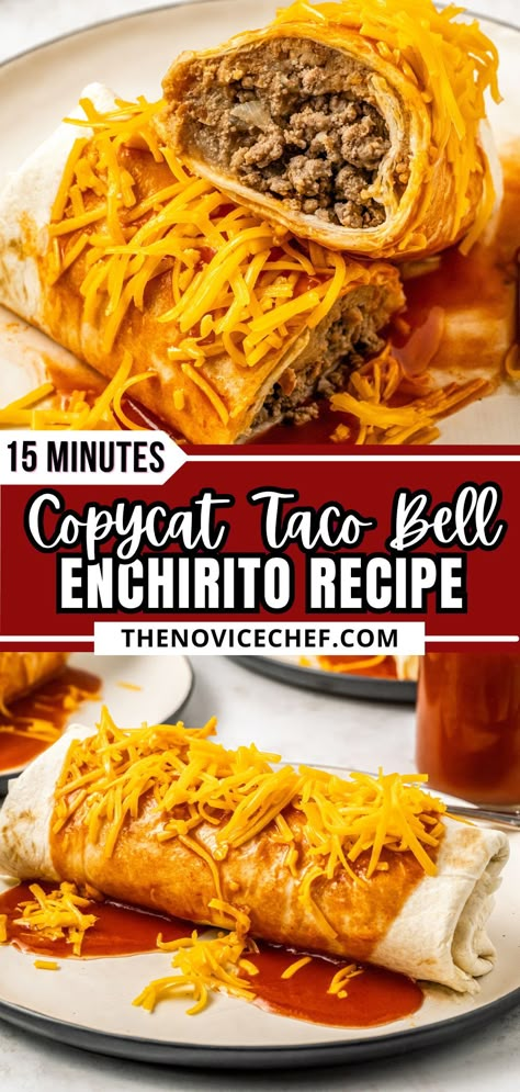 Pintos And Cheese Taco Bell, Taco Bell 5 Layer Burrito Recipe, Taco Bell Enchirito, Taco Bell Enchirito Recipe, Taco Bell Beef, Enchirito Recipe, Taco Bell Copycat, Happy Brain, Taco Bell Recipes