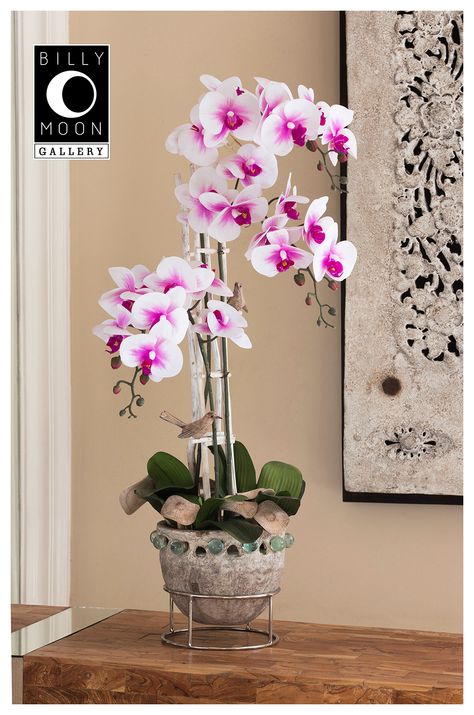 Floor Vase Decorating Ideas, Orchid Interior Design, Orchid Interior, Orchid Flower Arrangements, Carved Wooden Birds, Moss Ball, Artificial Orchids, Orchid Arrangements, Moss Balls