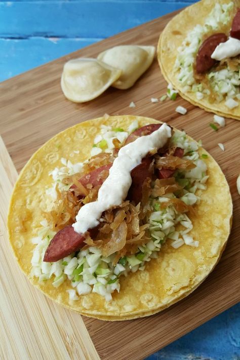 Taking the taco to Poland with these delicious Polish Sausage Tacos. Polish Taco Recipe, Polish Style Taco With Pierogi Taco Shell, Polish Tacos, Polish Style Taco, Sausage Egg Tortilla, Sausage Egg And Cheese Breakfast Tacos, Smashed Sausage Breakfast Taco, Sausage Tacos, Mexican Sausage