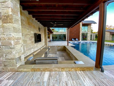 Transitional Pool With Swim Up Bar - Transitional - Pool - Dallas - by Mike Farley Pool Designer, SWD, ASLA | Houzz Backyard Swim Up Bar, Pool With Swim Up Bar Backyards, Pool With Hot Tub And Tanning Ledge, Swim Up Bar Pool, Sunken Kitchen, Pool With Swim Up Bar, Swimming Ideas, Pool Kitchen, Rectangle Pool