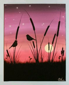 Cuadros Beginners Painting, Silhouette Painting, Easy Canvas Painting, Soyut Sanat Tabloları, Simple Acrylic Paintings, Canvas Acrylic, Night Painting, Beginner Painting, Silhouette Art