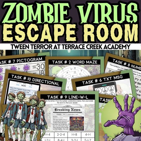 Zombie Escape Room Kit For Tweens Kids Teens Printable Birthday Party Activity Or Halloween Game For Home Or Classroom Age 10 11 12 13 14 Disney Zombies Party Activities, Zombie Activities For Kids, Zombies 3 Birthday Party Games, Disney Zombie Party Games, Zombie 3 Party Games, Halloween Drinking Games, Escape Room For Kids, Fun Halloween Games, Halloween Bingo