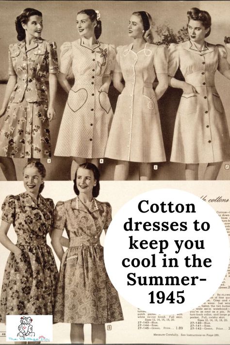 1940s Fashion as seen Inside a Canadian Simpson's Catalogue: Women's Fashions of Spring and Summer 1945. Cute 1940s Cotton Summer Dresses! See more vintage fashion from this catalog by clicking the image and visiting the Vintage Inn Blog. 1940s Fashion Women, Vintage Catalog, Blouse Pictures, 1950s House, Women Cotton Dress, House Dresses, Vintage Blog, 40s Fashion, 1940s Dresses