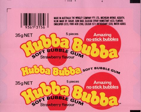 Wrigley Australia - Hubba Bubba - Strawberry flavour bubble gum wrapper proof - 1980's Gum Wrapper, Hubba Bubba, Bubble Gum, The Back, Gum, Australia, Pink