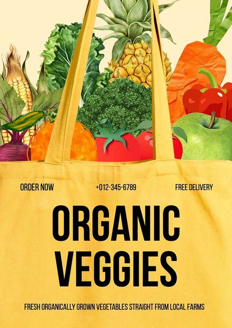 Organic veggies poster template | premium image by rawpixel.com / Aew Grocery Graphic Design, Healthy Food Ads, Supermarket Poster, Supermarket Branding, Sustainability Poster, Healthy Food Brand, Brand Posters, Vegetables Poster, Vegetable Poster