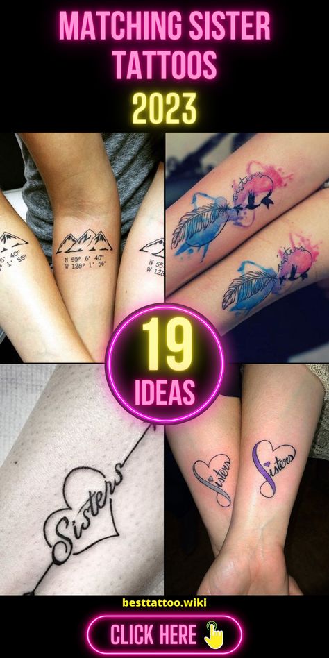 Discover the enchanting world of matching tattoos for sisters, a unique and deeply meaningful way to celebrate the extraordinary bond between siblings. Whether you opt for tiny and minimalist designs or choose something more intricate, like Taylor Swift-inspired ink or enchanting Disney-themed creations, these tattoos serve as an enduring testament to the unbreakable connection shared by sisters. Infinity Tattoo Sisters, Sister Symbol Tattoos For 2, Soul Sister Tattoo Ideas, Sister Disney Tattoos, Soul Sisters Tattoos, Sister Tatoos Idea, Matching Sister Tattoos For 2 Meaningful, Small Sister Tattoos For 2 Unique, Sister Tattoos Matching