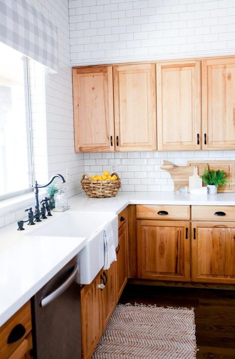 Oak Cabinets Subway Tile Backsplash, White Subway Tile Kitchen Backsplash Wood Cabinets, Brick Backsplash Oak Cabinets, Oak Cabinets White Island, Kitchen Remodel Pine Cabinets, Galley Kitchen Oak Cabinets, Oak Cabinets White Backsplash, Oak Cabinet Kitchen Flooring, Kitchen With Pine Cabinets