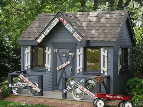 Custom Playhouse - Boys Clubhouse Boys Playhouse Outdoor, Playhouse Makeover For Boys, Playhouse Colors, Boy Playhouse, Outdoor Clubhouse, Kids Shed, Kids Garden Play Area, Kids Outdoor Spaces, Boys Playhouse