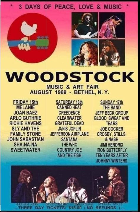 Woodstock Music, Stephen Stills, Woodstock 1969, Vintage Concert Posters, Woodstock Festival, Vintage Music Posters, The Family Stone, Joan Baez, Creedence Clearwater Revival