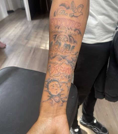 Boondocks Forearm Tattoo, Boondocks Tattoos For Men, Riley Freeman Tattoo Design, Boondocks Sleeve Tattoo, The Future Belongs To Those Who Believe Tattoo, Boy Sleeve Tattoo Ideas, Good And Bad Tattoo Ideas, The Boondocks Tattoo Ideas, Riley Boondocks Tattoo