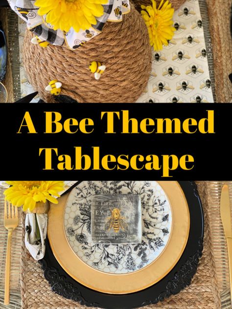 4h Table Setting Ideas, Bee Theme Tea Party, Bee Themes, Spring Dinner Party Decor, Honey Bee Decorations, Bee Tea Party, Bee Centerpiece Ideas Diy, Bee Party Decor, Bee Table Centerpieces