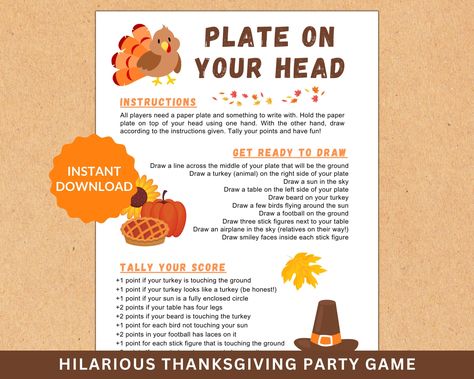 UPGRADE TO THE BUNDLE: https://www.etsy.com/listing/1779006282/thanksgiving-games-fun-thanksgiving?ref=listings_manager_grid Plate on your Head A hilarious Thanksgiving party game Make the most of your Thanksgiving with this funny Thanksgiving themed game. Plate on your head will not only help your guests have fun, but will likely bring some laughs as well. This game is super fun, super simple, and works for groups of any size. Great for home, friends, schools, offices, churches, and anything in Thanksgiving Paper Plate Drawing Game, Thanksgiving Drawing Game, Thanksgiving Left Right Game, Thanksgiving Games For Family Fun, Friendsgiving Activities, Pie Night, Thanksgiving Plate, Thanksgiving Family Games, Fun Icebreaker Games