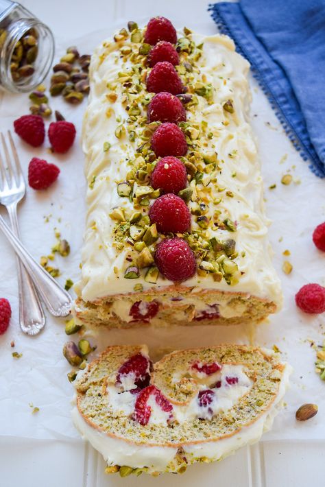 Recipe: Raspberry, Pistachio & White Chocolate Roulade + 10th Blog Birthday | Rachel Phipps Raspberry And Pistachio, Roulade Cake, Pistachio White Chocolate, Raspberry Pistachio, Chocolate Roulade, Cake Roll Recipes, Pistachio Cake, Cake Roll, Pavlova