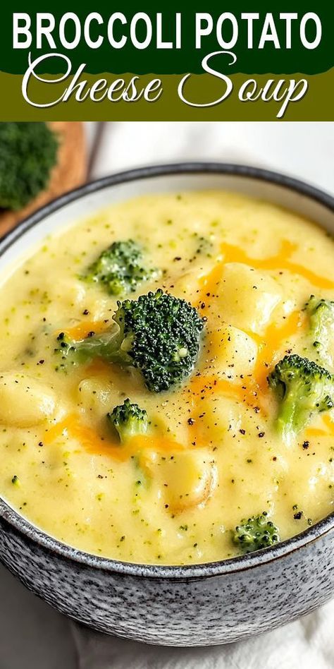 Craving a warm and comforting meal? Try this Broccoli Potato Cheese Soup recipe! Made with fresh broccoli, tender potatoes, and rich, melted cheese, it's the perfect creamy soup for chilly nights. ✨ Try this delicious recipe today and enjoy a bowl of warmth! ✨ 👉 Save this Pin for later, and don't forget to share it with your foodie friends! #BroccoliSoup #CheeseSoup #ComfortFood #SoupRecipes #HealthyDinnerIdeas #EasyMeals Winter Potato Soup, Crockpot Potato Cheese Broccoli Soup, Brócoli Potato Cheddar Soup, Recipe For Broccoli Cheese Soup, Broccoli Potato Cheese Soup Crockpot, Broccoli Cheese Potato Soup, Potato Broccoli Cheese Soup, Broccoli Soup Recipes Easy, Cheese Soup Crockpot