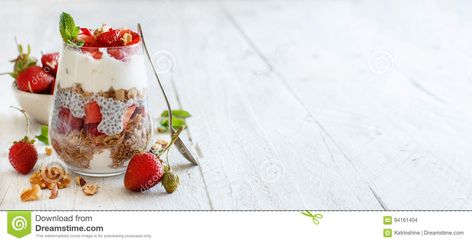 Chia Pudding Strawberry Parfait Stock Photo - Image of berries, chia: 94161404 Chia Pudding Strawberry, Yogurt Photography, Breakfast Plating, Airy Food Photography, Pudding Photography, Aesthetic Bowls, Berries And Yogurt, Breakfast Parfait Recipes, Oikos Greek Yogurt