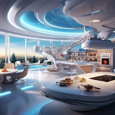 Futuristic House Design Interiors, Alien Interior Design, Futuristic Cafeteria, Futuristic Interior Bedroom, Futuristic Living Room Interior Design, Futuristic Restaurant Design, Hi Tech Interior, Studio Apartment Modern, Futuristic Cafe