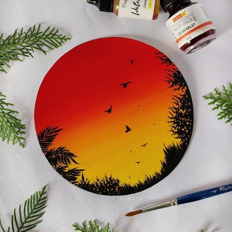 Simple Sunset, Drawing Sunset, Vinyl Art Paint, Circle Crafts, Circle Canvas, Easy Mandala Drawing, Circle Painting, Canvas Drawing, Cd Art