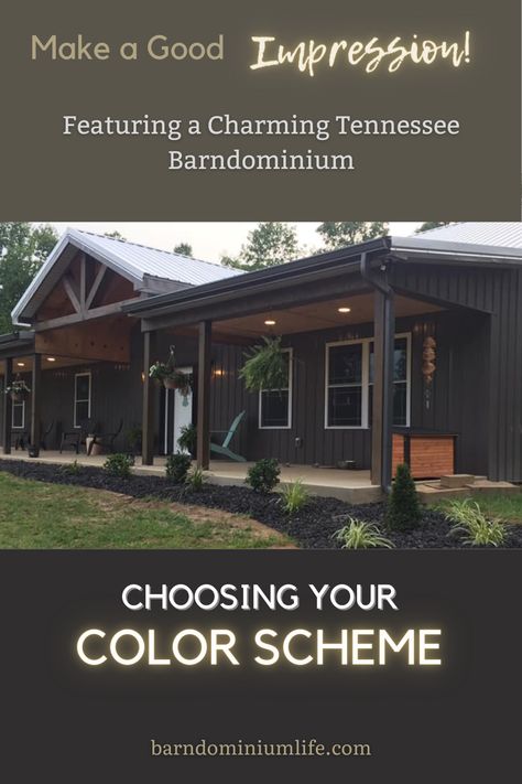 Metal Building Homes Colors, Metal Roof Houses Color Combos Farmhouse, Barndominium House Colors, Barndominium With Vinyl Siding, Metal House Color Schemes, Metal Colors For Houses, Metal Siding Colors For Houses, Metal Home Colors Scheme, Navy Barndominium Exterior