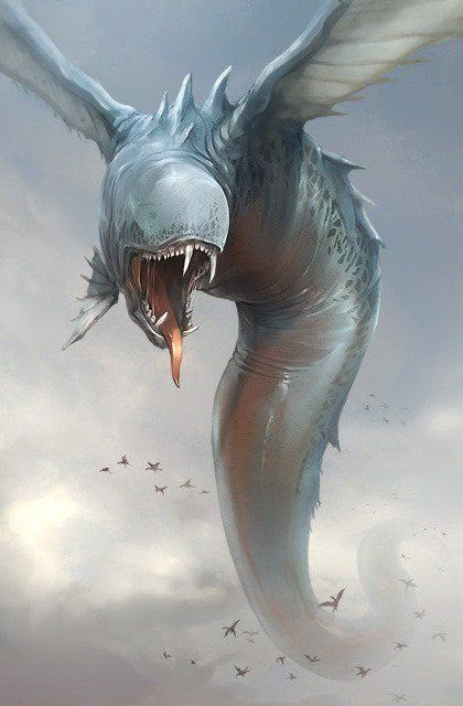 Flying Monster Concept Art, Fantasy Air Creatures, Summa Verminoth, Dnd Cute Creatures, Flying Fish Art, Air Monster, Monster Character Design, Mythical Sea Creatures, Mythical Creature Design